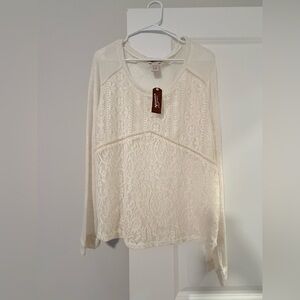 Arizona Jean Company Cream Lace-Front Long Sleeve Top